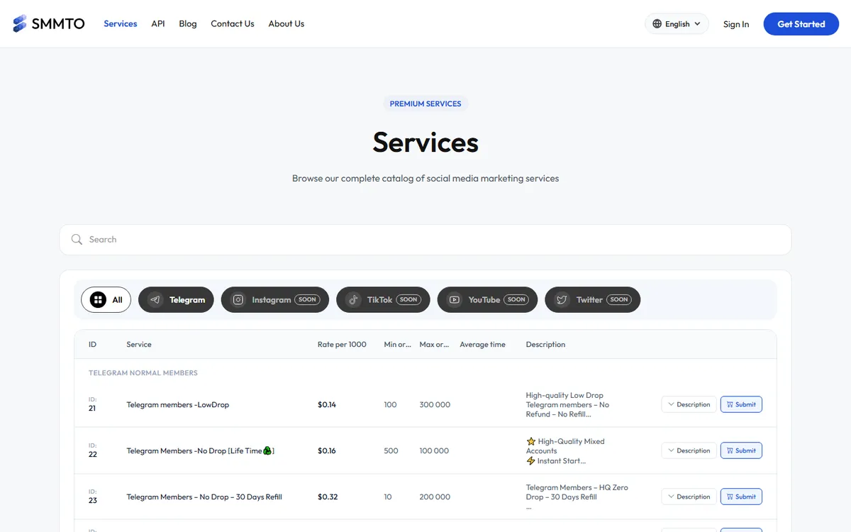 SMMTO، لیست خدمات با فیلتر و جستجو